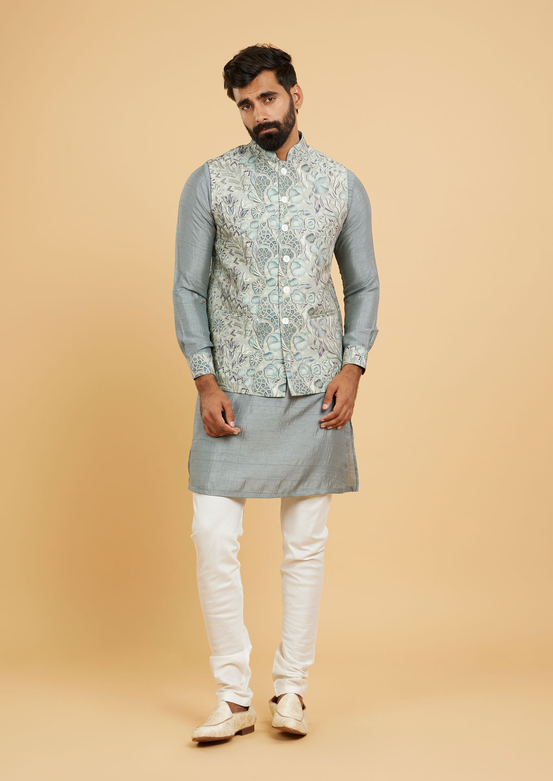 Twamev Men Soft Green Bel Buti Printed Jacket Set