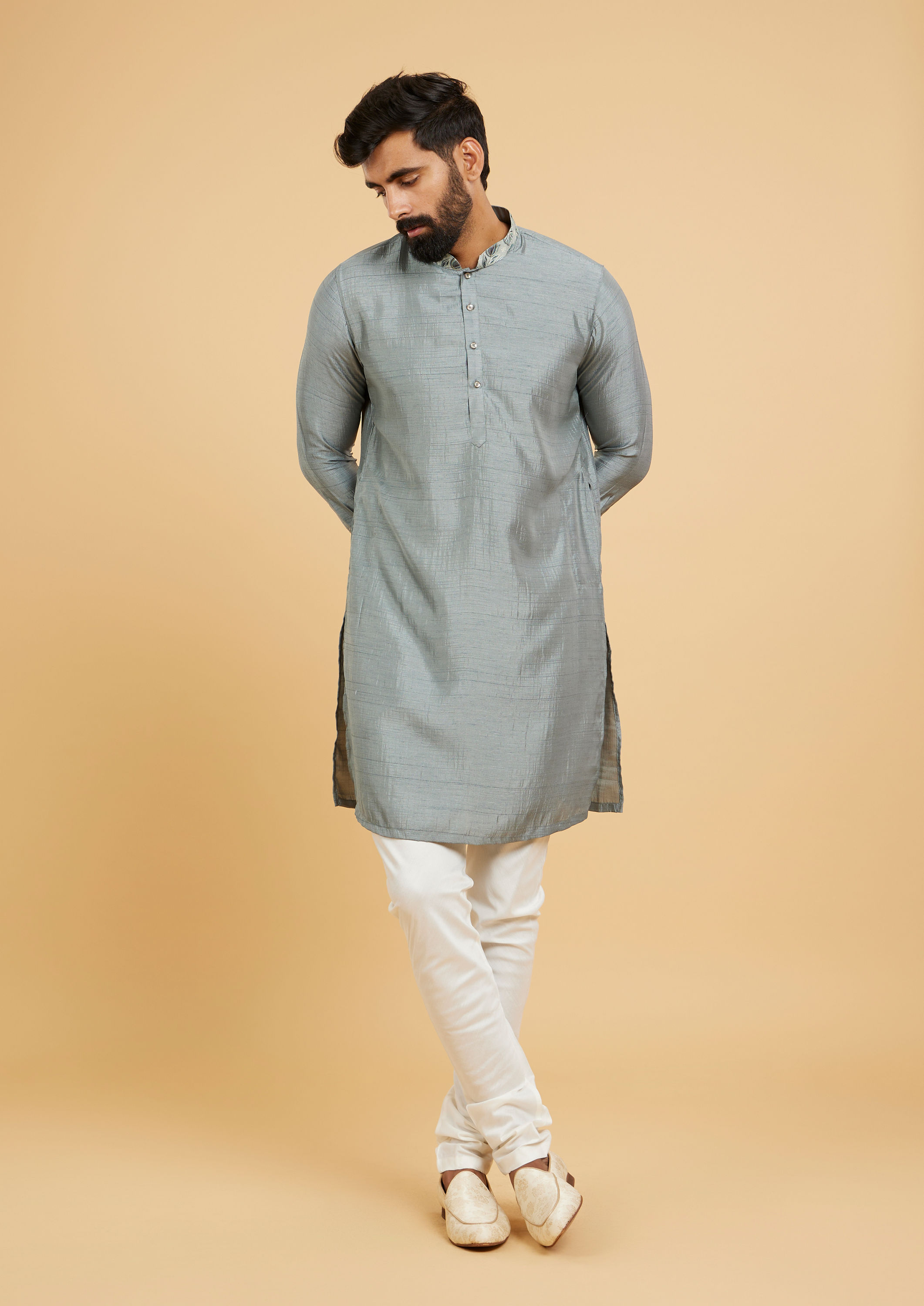 Twamev Men Soft Green Bel Buti Printed Jacket Set
