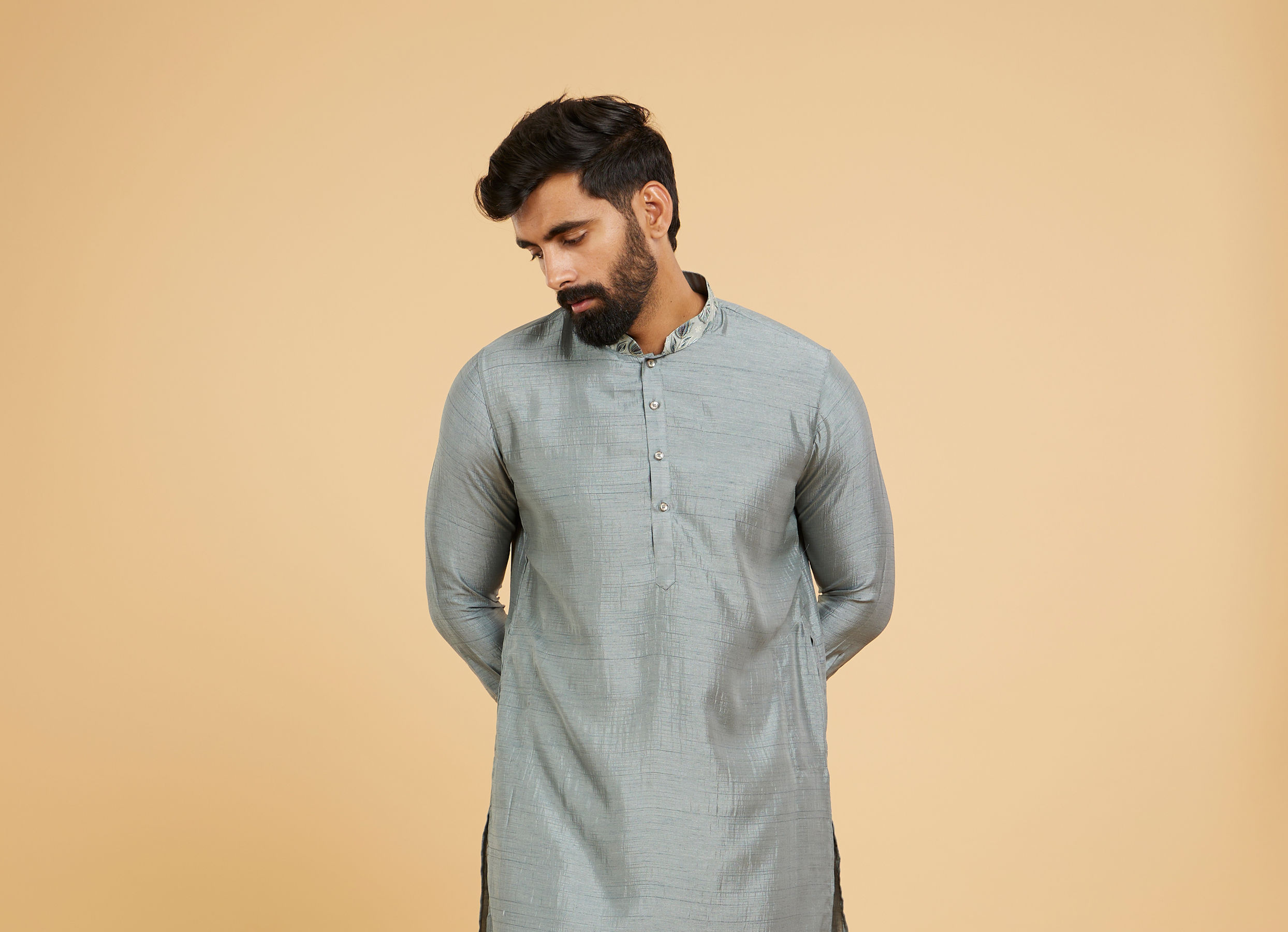 Twamev Men Soft Green Chanderi Bel Buti Printed Jacket Set
