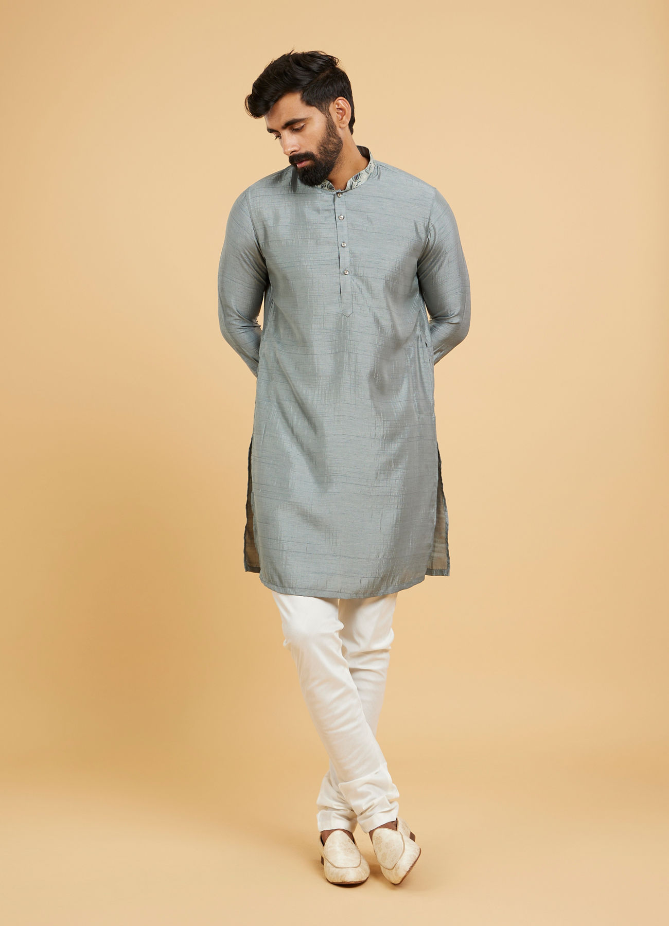 Twamev Men Soft Green Chanderi Bel Buti Printed Jacket Set
