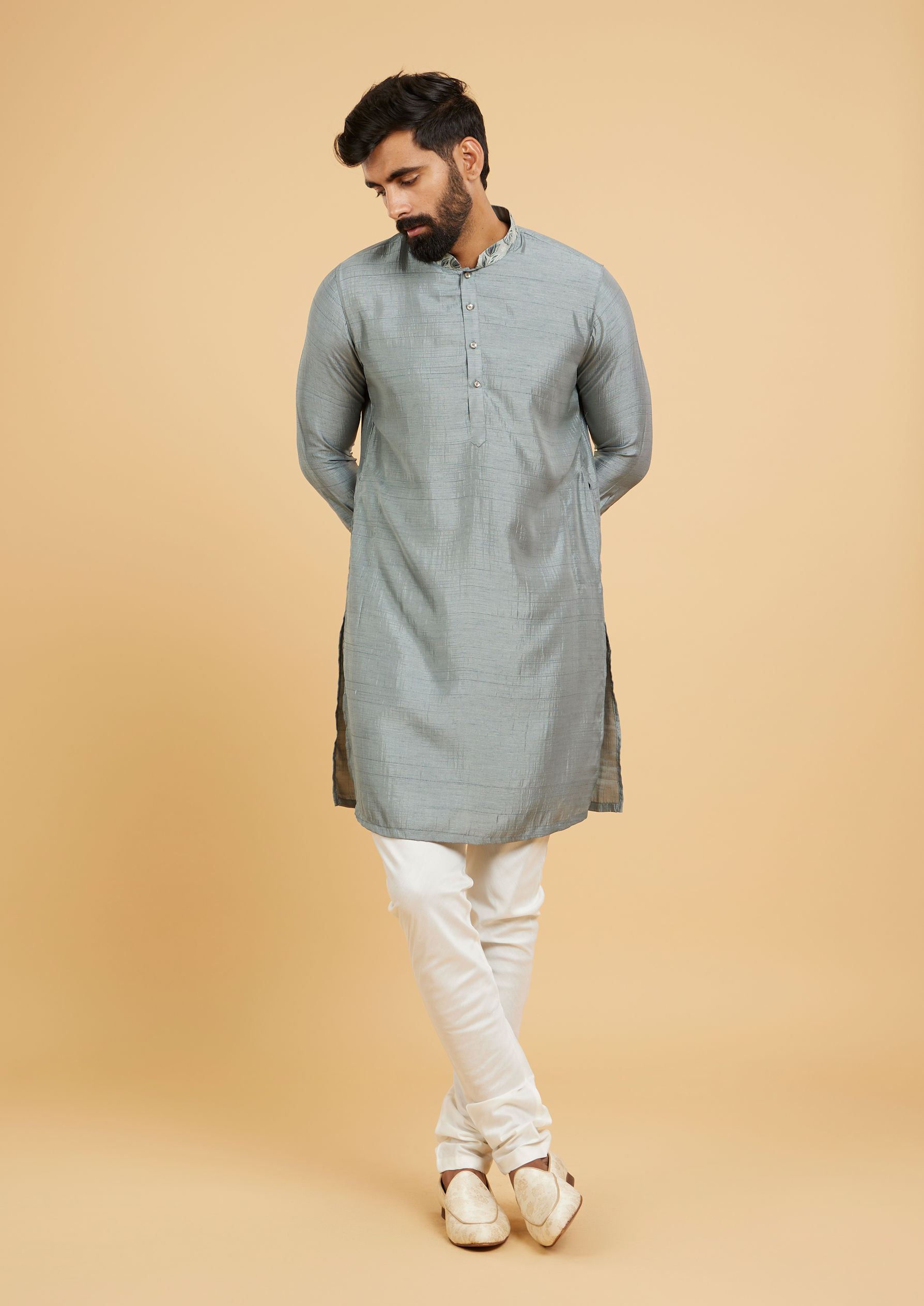 Twamev Men Soft Green Bel Buti Printed Jacket Set