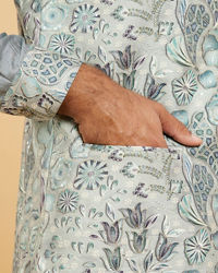 Twamev Men Soft Green Chanderi Bel Buti Printed Jacket Set
