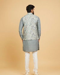 Twamev Men Soft Green Chanderi Bel Buti Printed Jacket Set