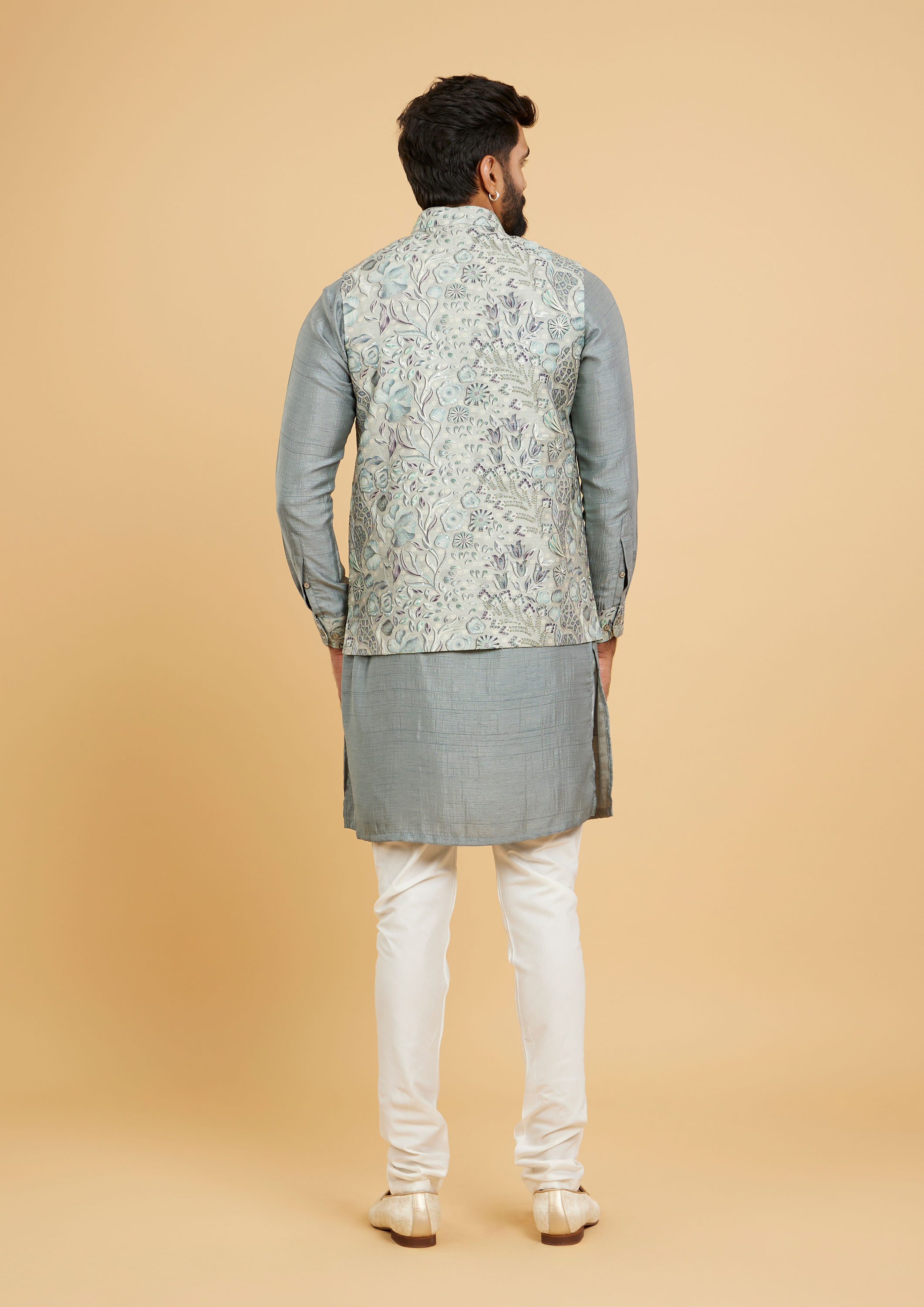 Twamev Men Soft Green Bel Buti Printed Jacket Set