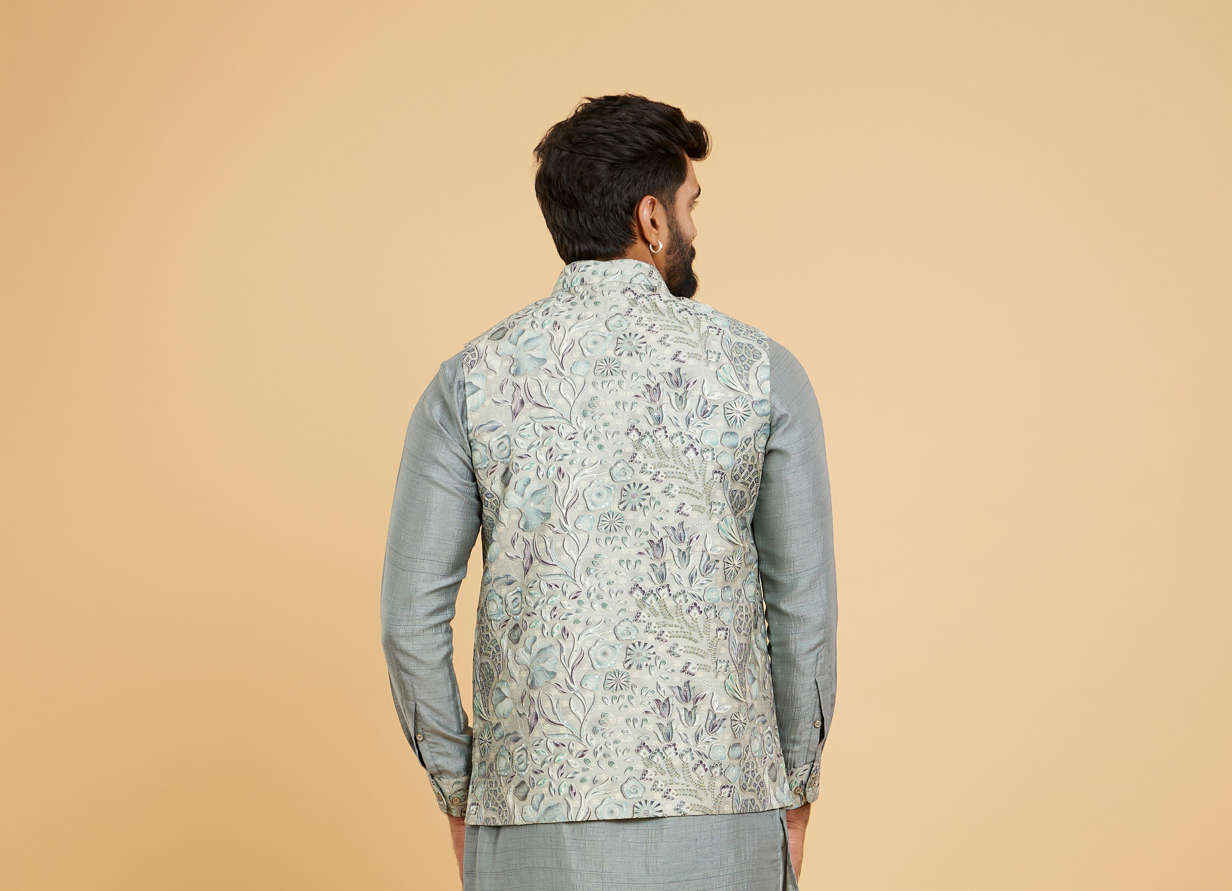 Twamev Men Soft Green Chanderi Bel Buti Printed Jacket Set