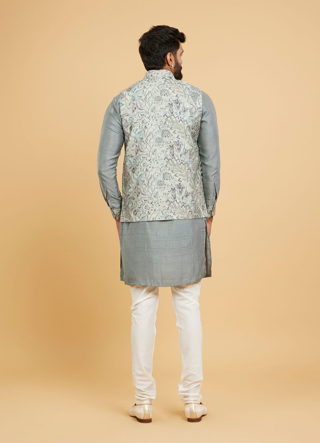 Twamev Men Soft Green Chanderi Bel Buti Printed Jacket Set
