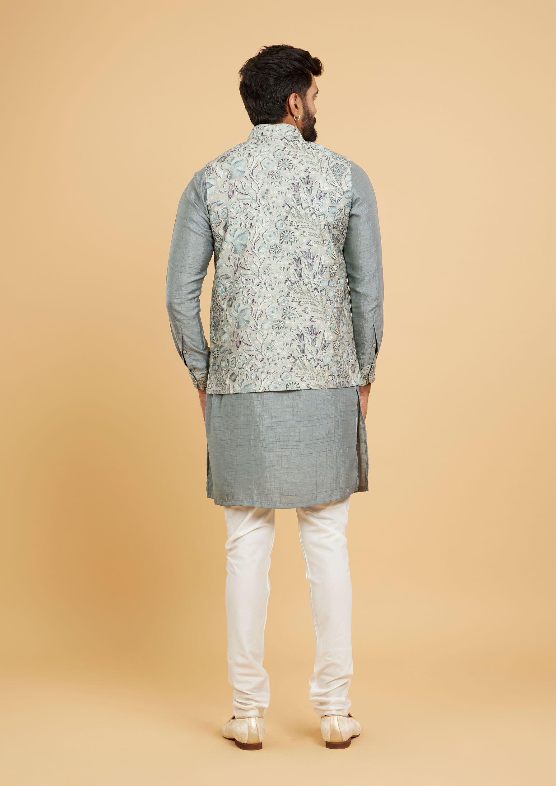 Twamev Men Soft Green Bel Buti Printed Jacket Set