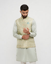 Twamev Men Soft Green Medallion Jaal Patterned Jacket Set