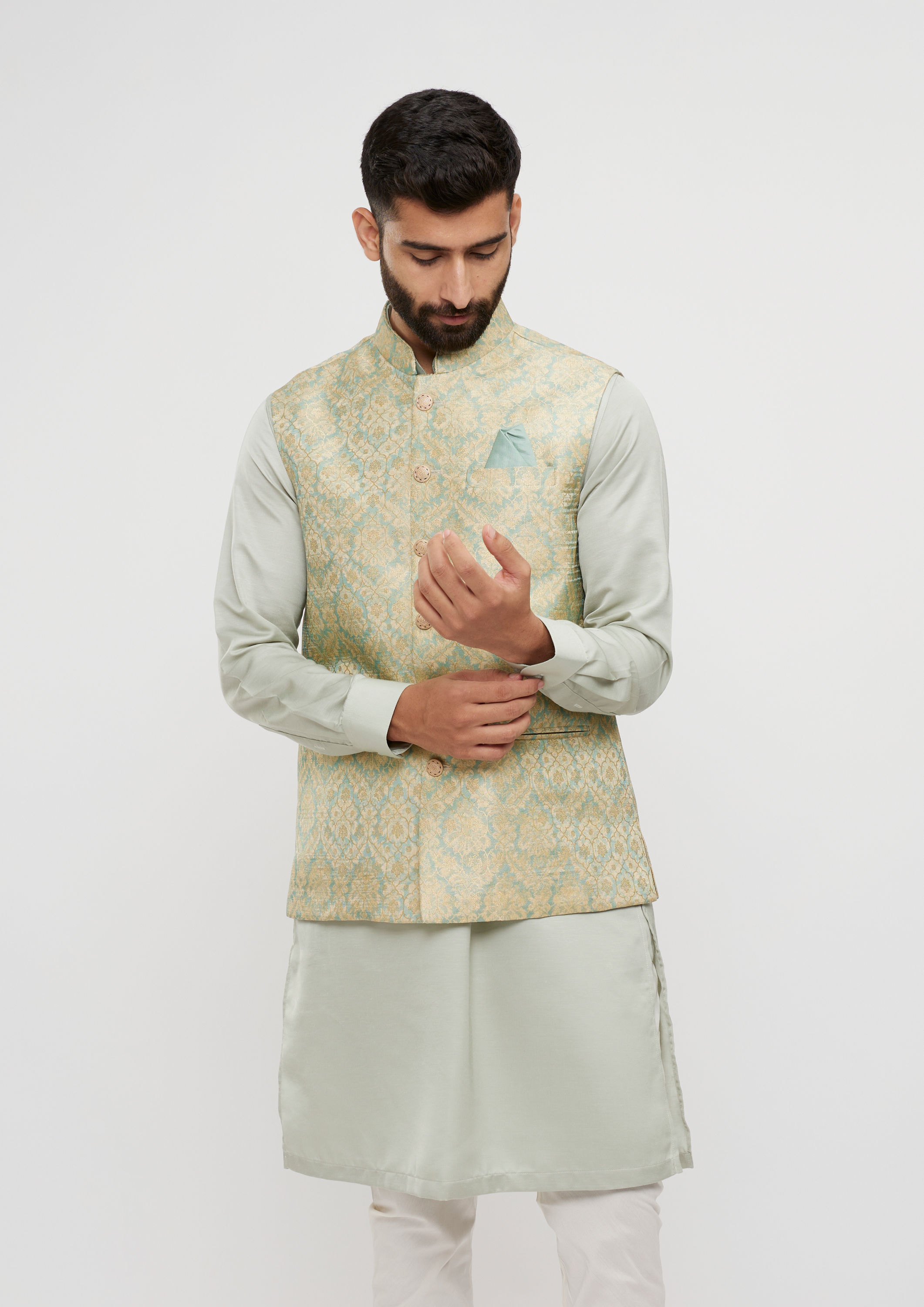 Twamev Men Soft Green Medallion Jaal Patterned Jacket Set