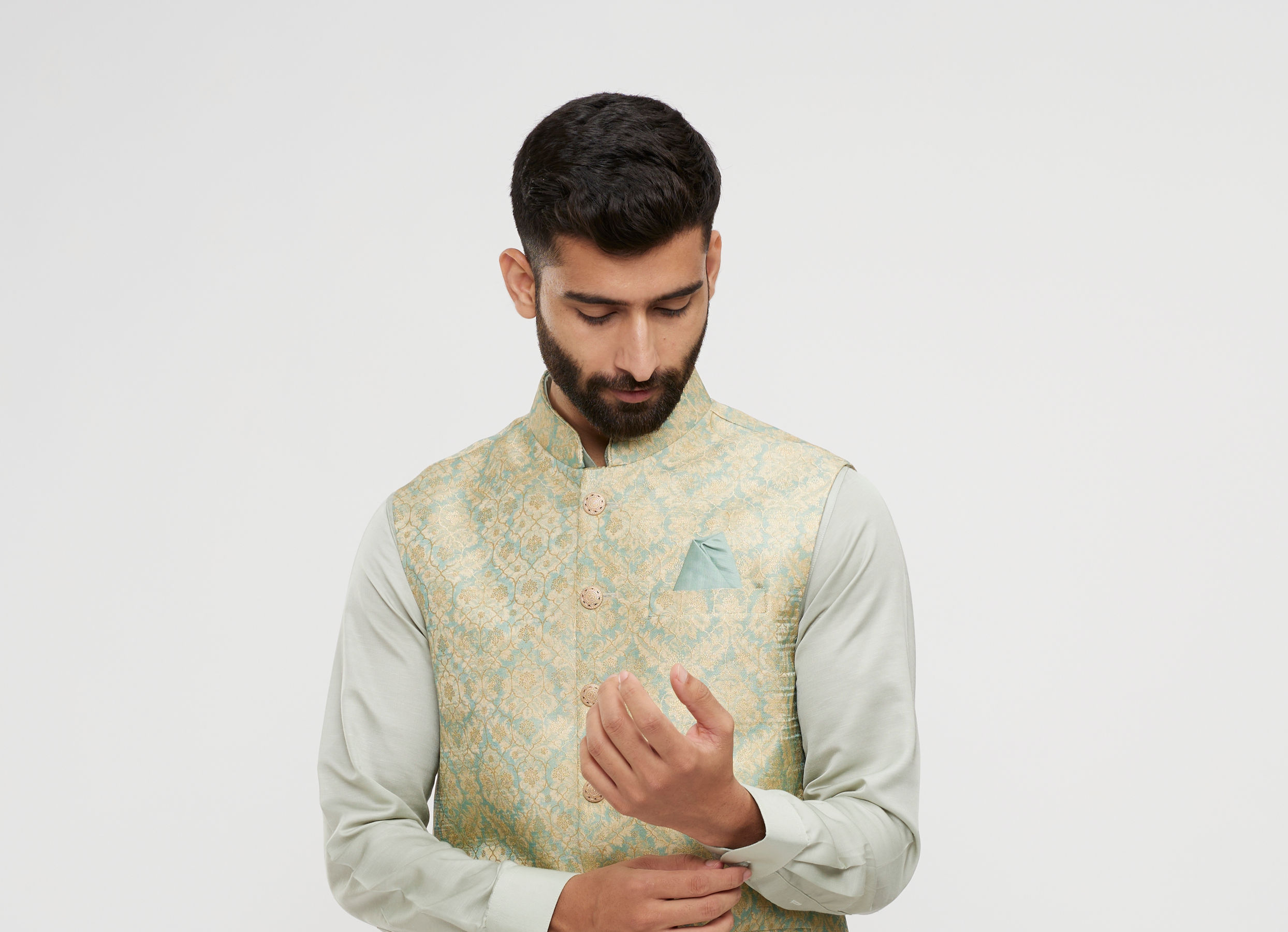Twamev Men Soft Green Medallion Jaal Patterned Jacket Set