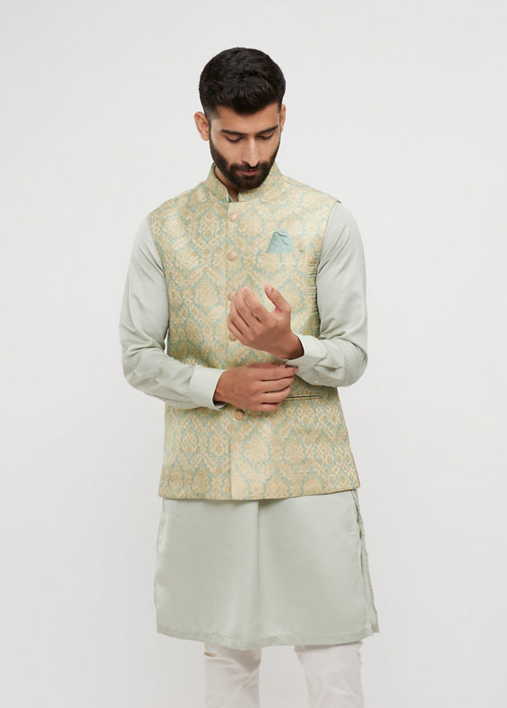 Twamev Men Soft Green Medallion Jaal Patterned Jacket Set