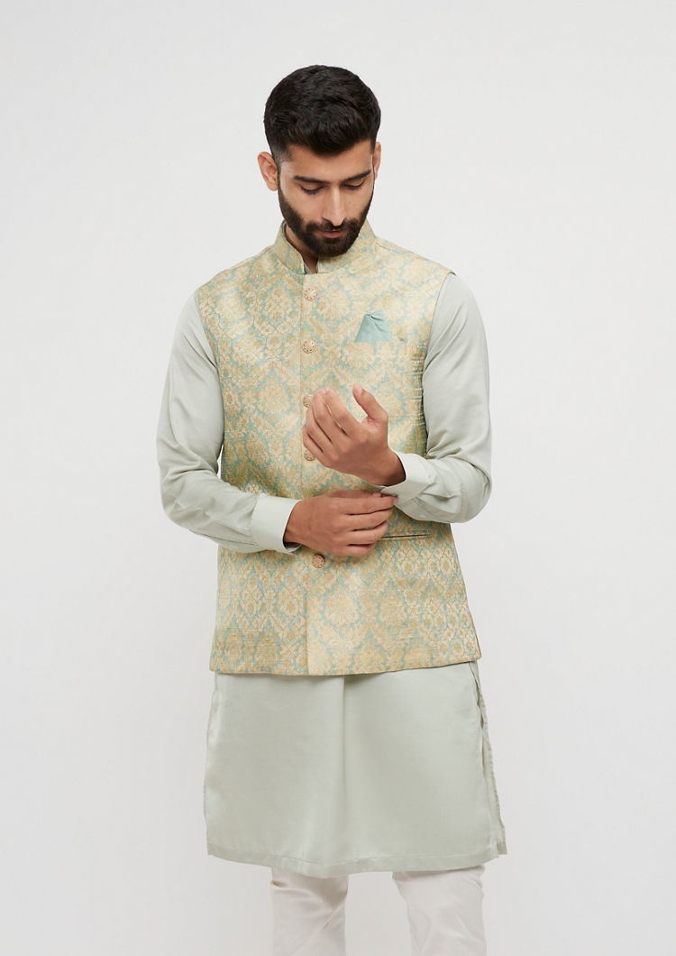 Twamev Men Soft Green Medallion Jaal Patterned Jacket Set