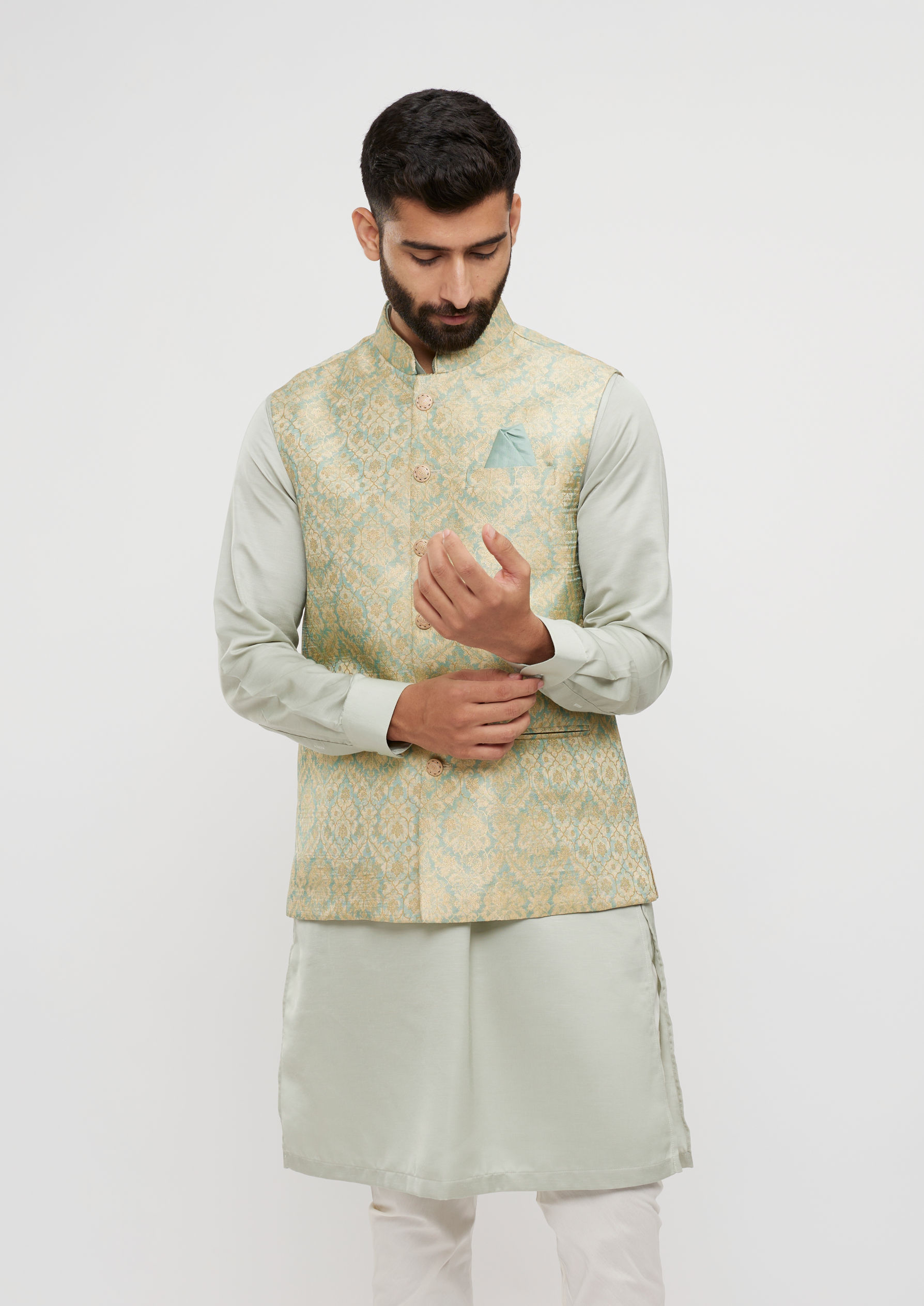 Twamev Men Soft Green Medallion Jaal Patterned Jacket Set