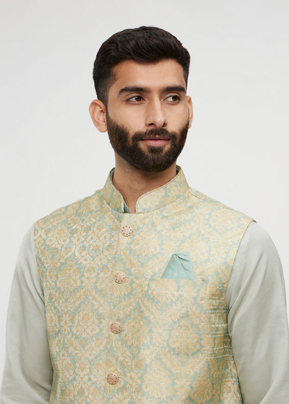 Twamev Men Soft Green Medallion Jaal Patterned Jacket Set