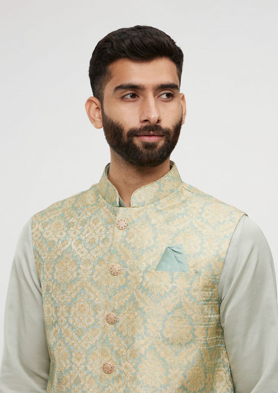 Twamev Men Soft Green Medallion Jaal Patterned Jacket Set