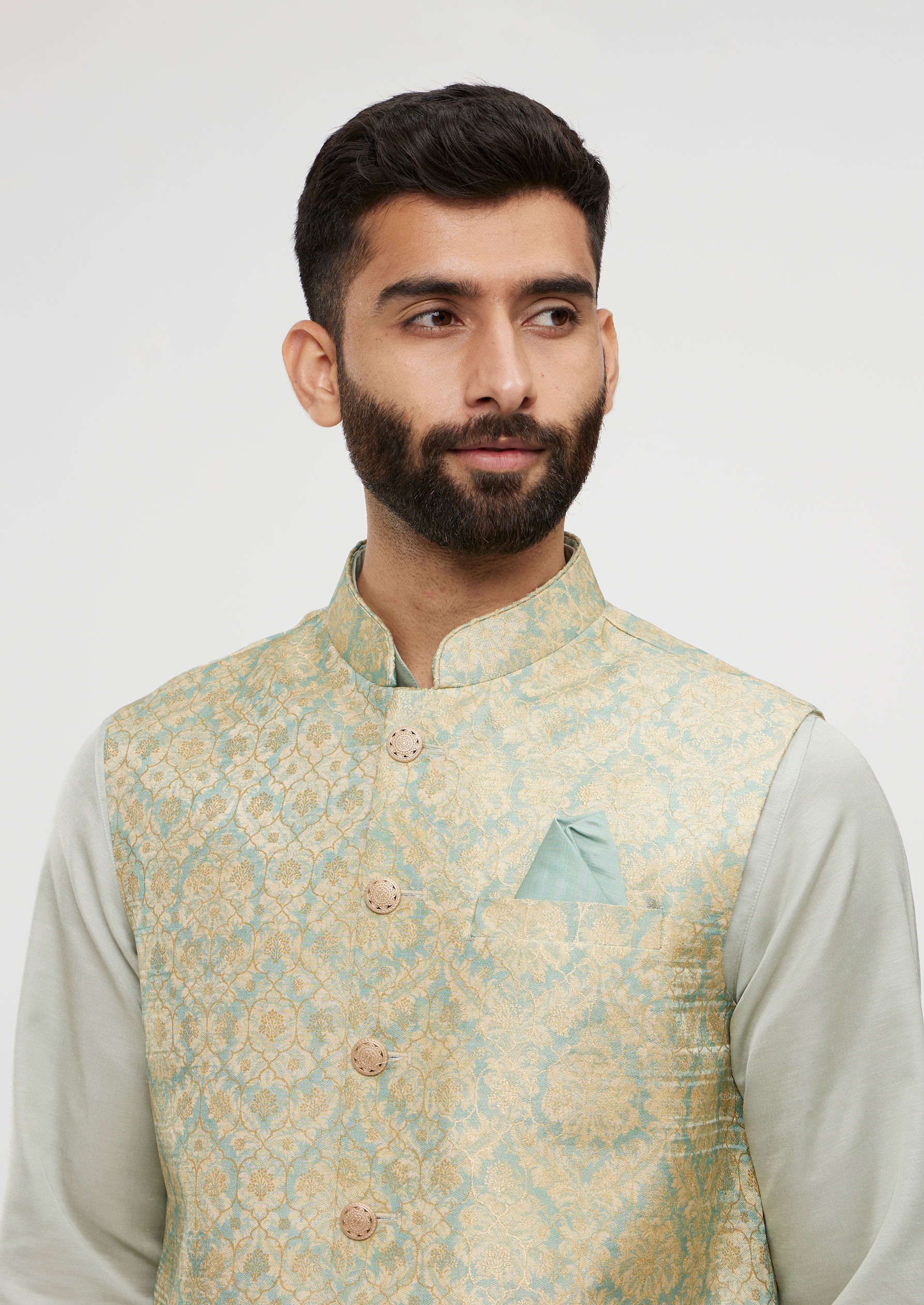 Twamev Men Soft Green Medallion Jaal Patterned Jacket Set