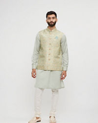 Twamev Men Soft Green Medallion Jaal Patterned Jacket Set