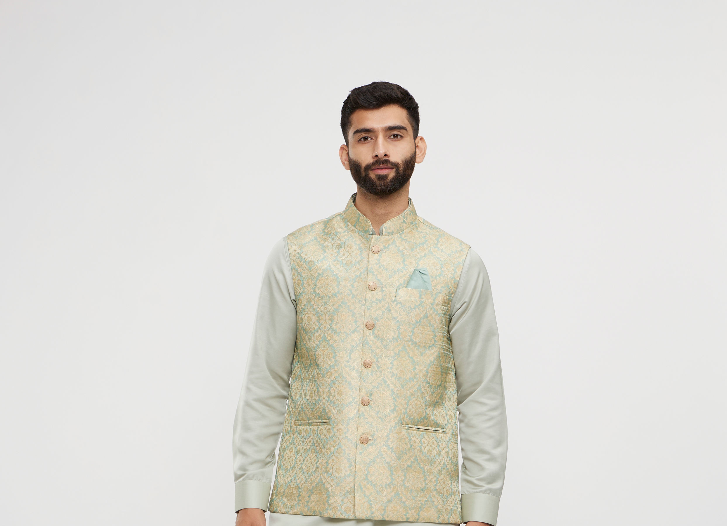 Twamev Men Soft Green Medallion Jaal Patterned Jacket Set