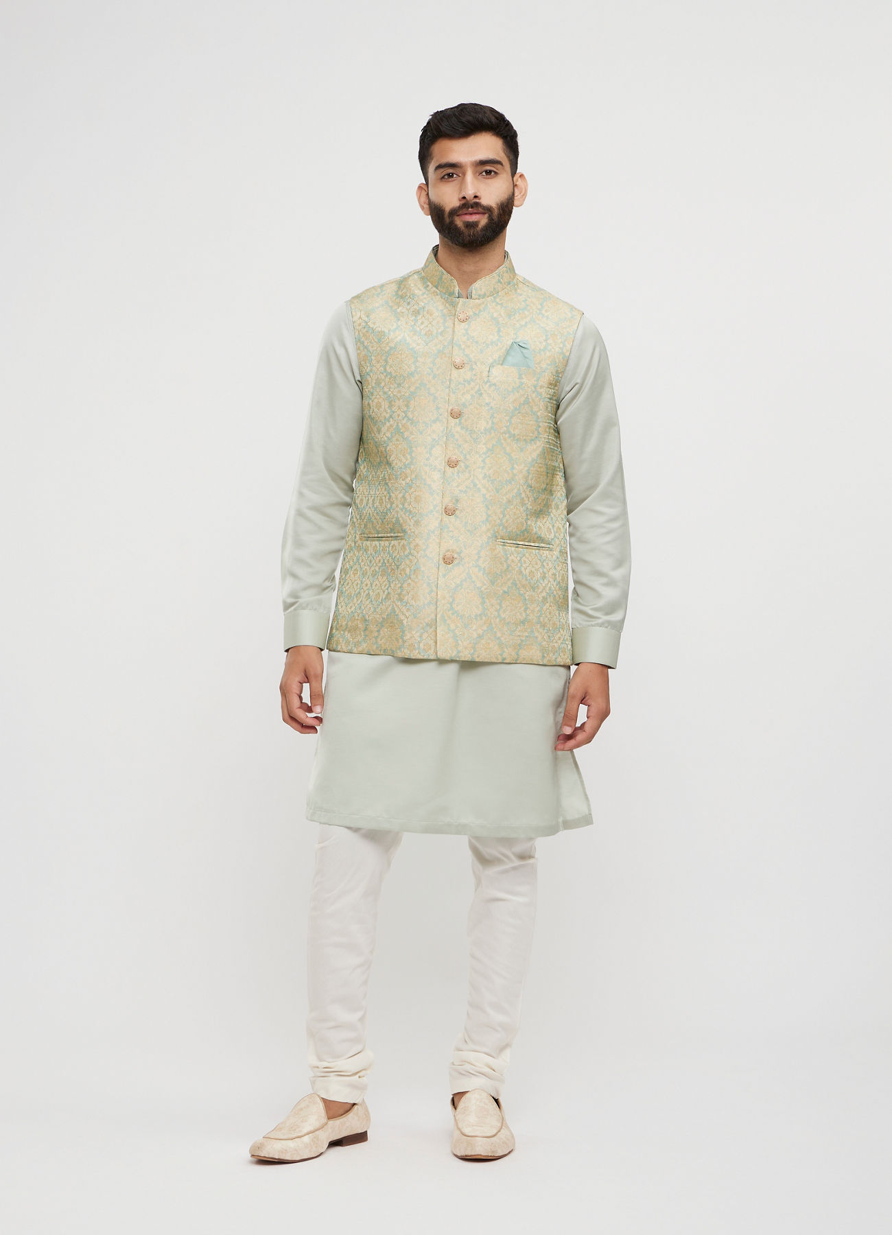 Twamev Men Soft Green Medallion Jaal Patterned Jacket Set