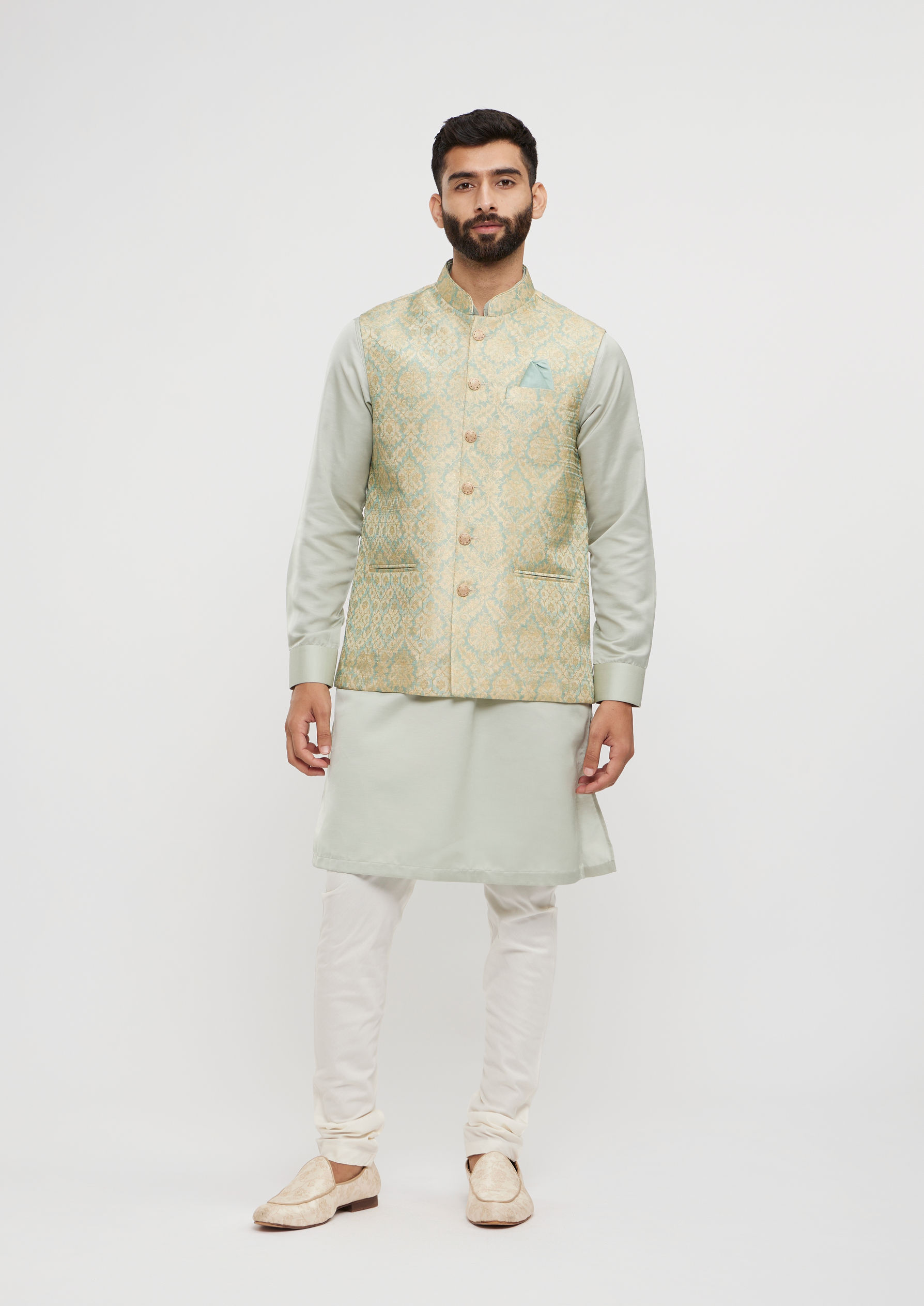 Twamev Men Soft Green Medallion Jaal Patterned Jacket Set