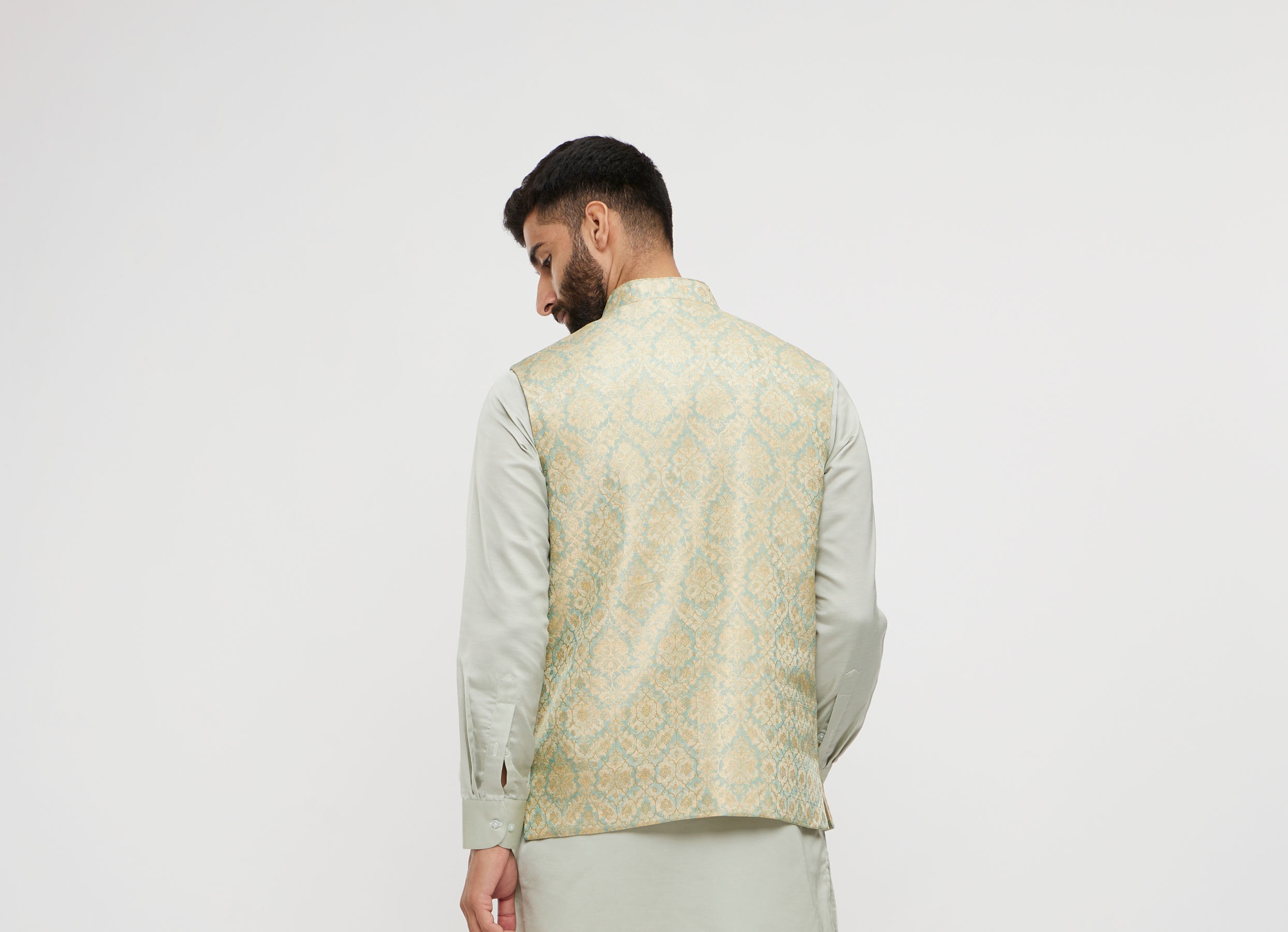 Twamev Men Soft Green Medallion Jaal Patterned Jacket Set