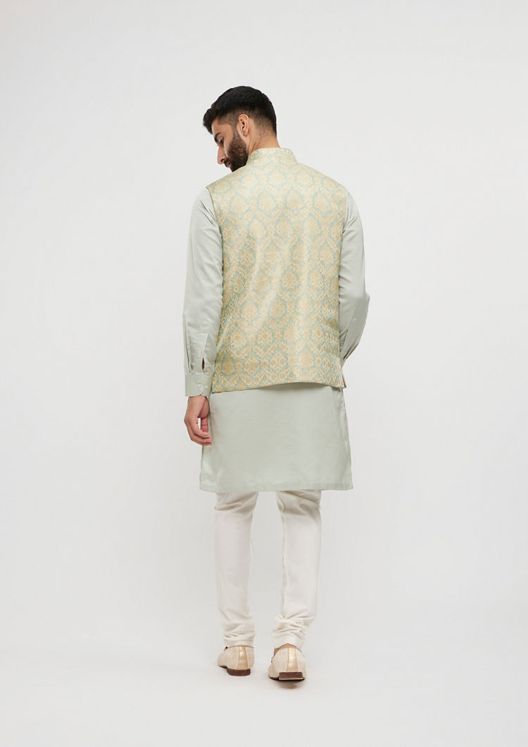 Twamev Men Soft Green Medallion Jaal Patterned Jacket Set