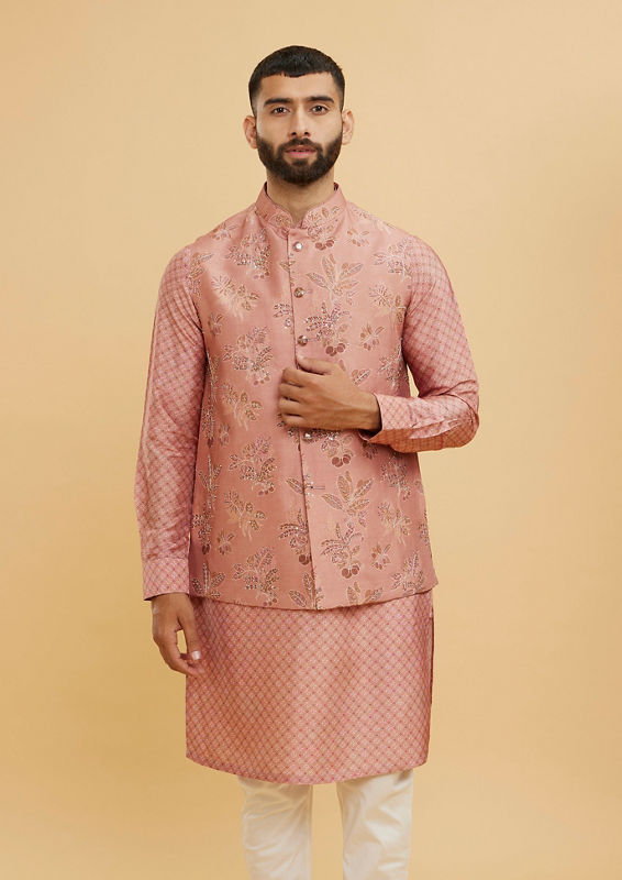 Twamev Men Coral Peach Jacket Set with Embossed Floral Motifs And Shimmery Thread Work