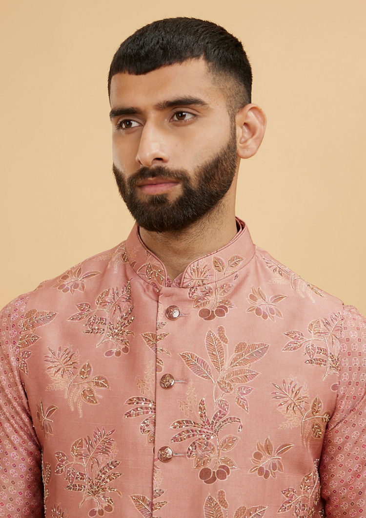 Twamev Men Coral Peach Jacket Set with Embossed Floral Motifs And Shimmery Thread Work