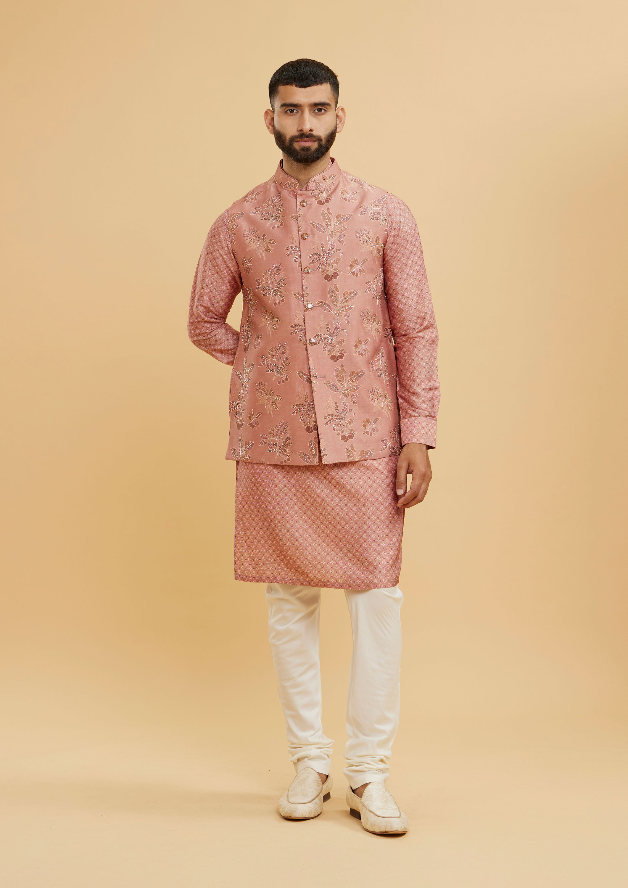 Twamev Men Coral Peach Jacket Set with Embossed Floral Motifs And Shimmery Thread Work