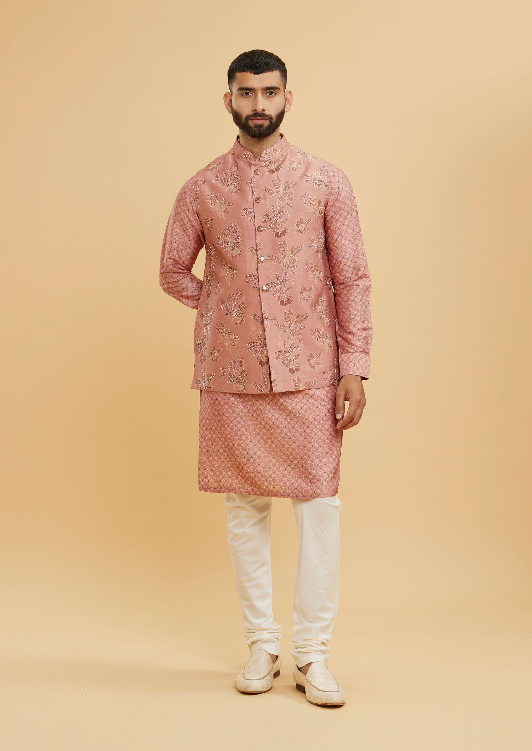 Twamev Men Coral Peach Jacket Set with Embossed Floral Motifs And Shimmery Thread Work