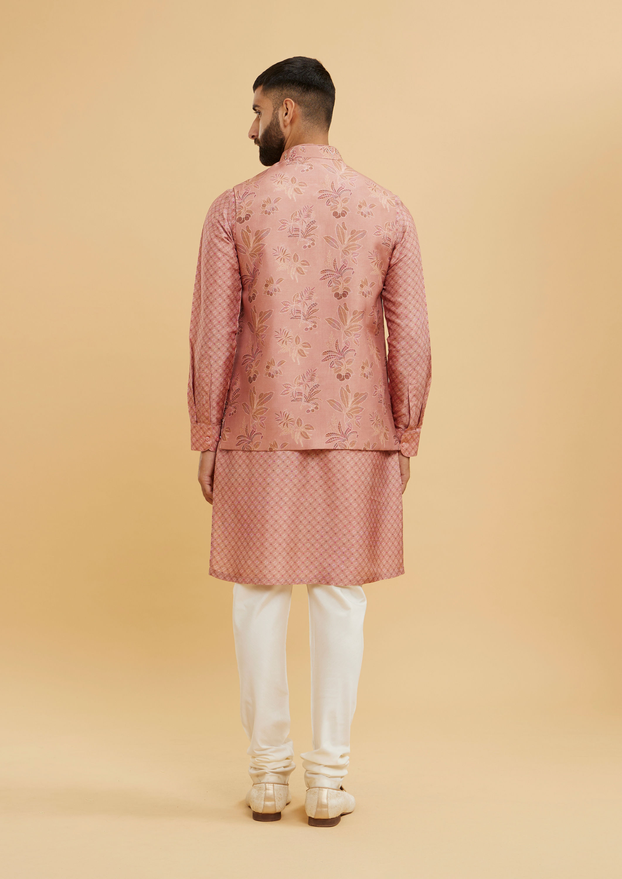 Twamev Men Coral Peach Jacket Set with Embossed Floral Motifs And Shimmery Thread Work