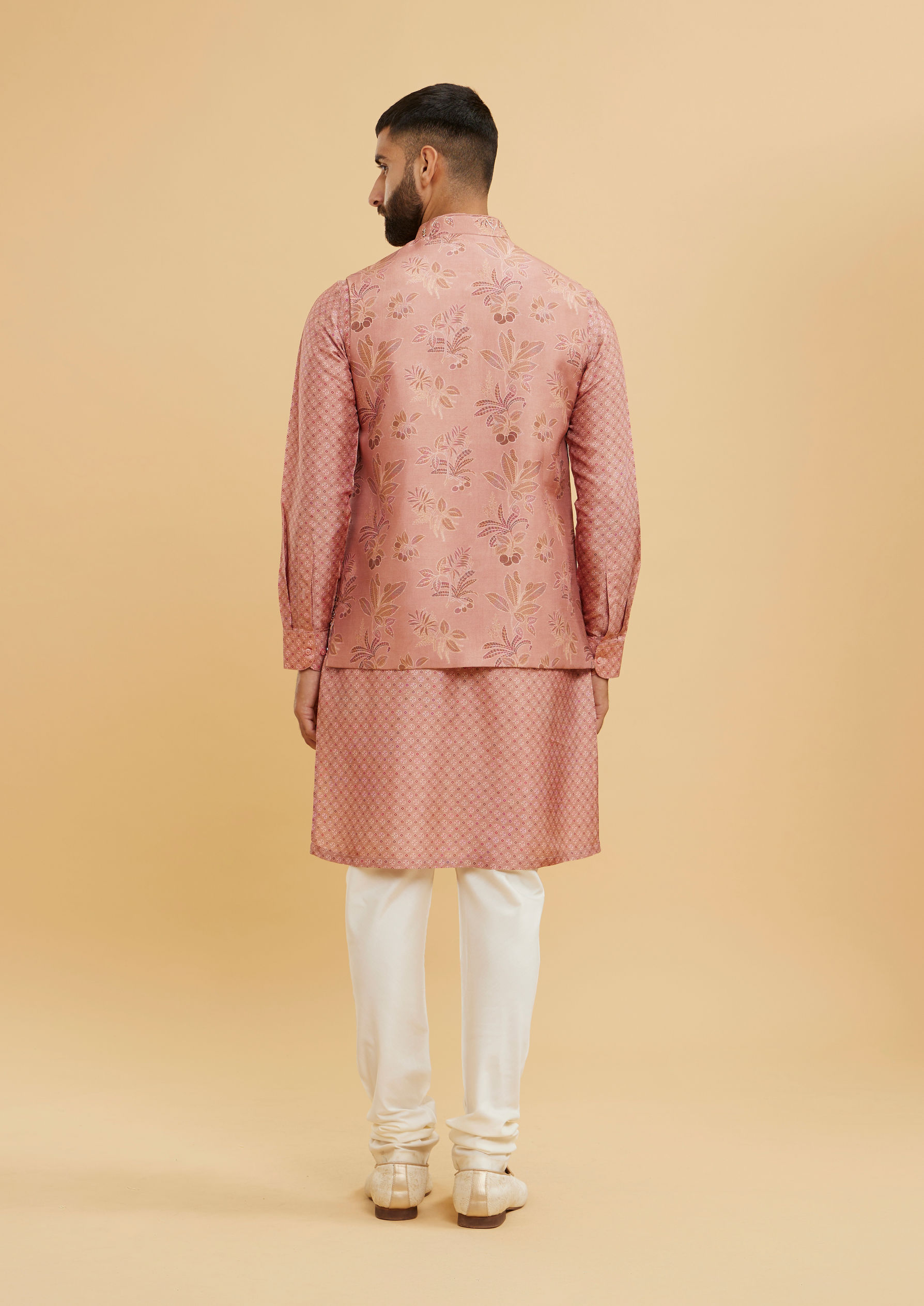 Twamev Men Coral Peach Jacket Set with Embossed Floral Motifs And Shimmery Thread Work