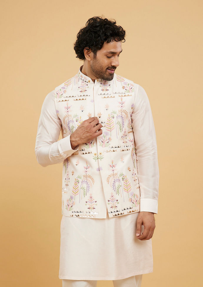 Twamev Men Baby Pink Leaf Patterned Jacket Set with Triangular Gota Patti Work