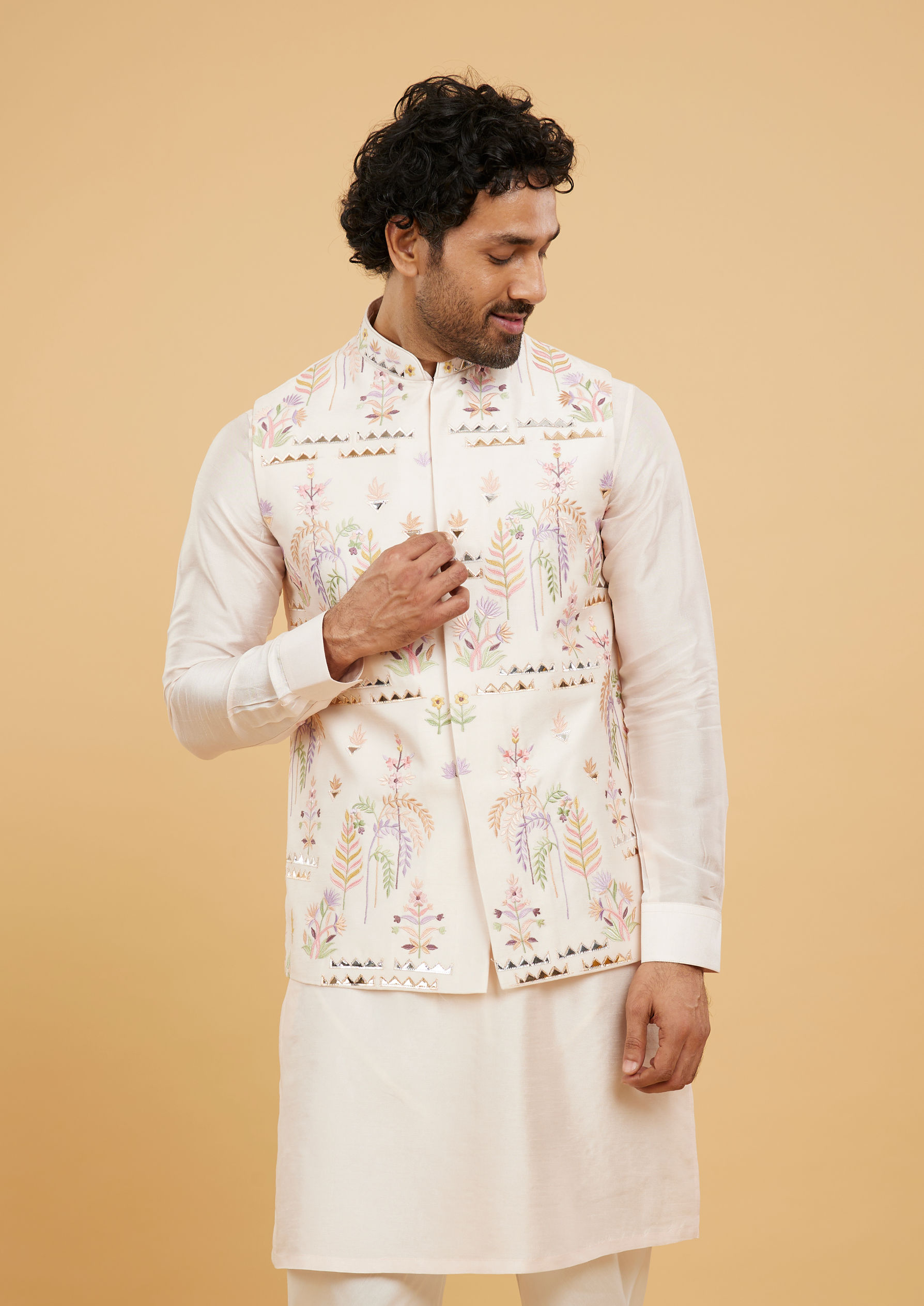 Twamev Men Baby Pink Leaf Patterned Jacket Set with Triangular Gota Patti Work