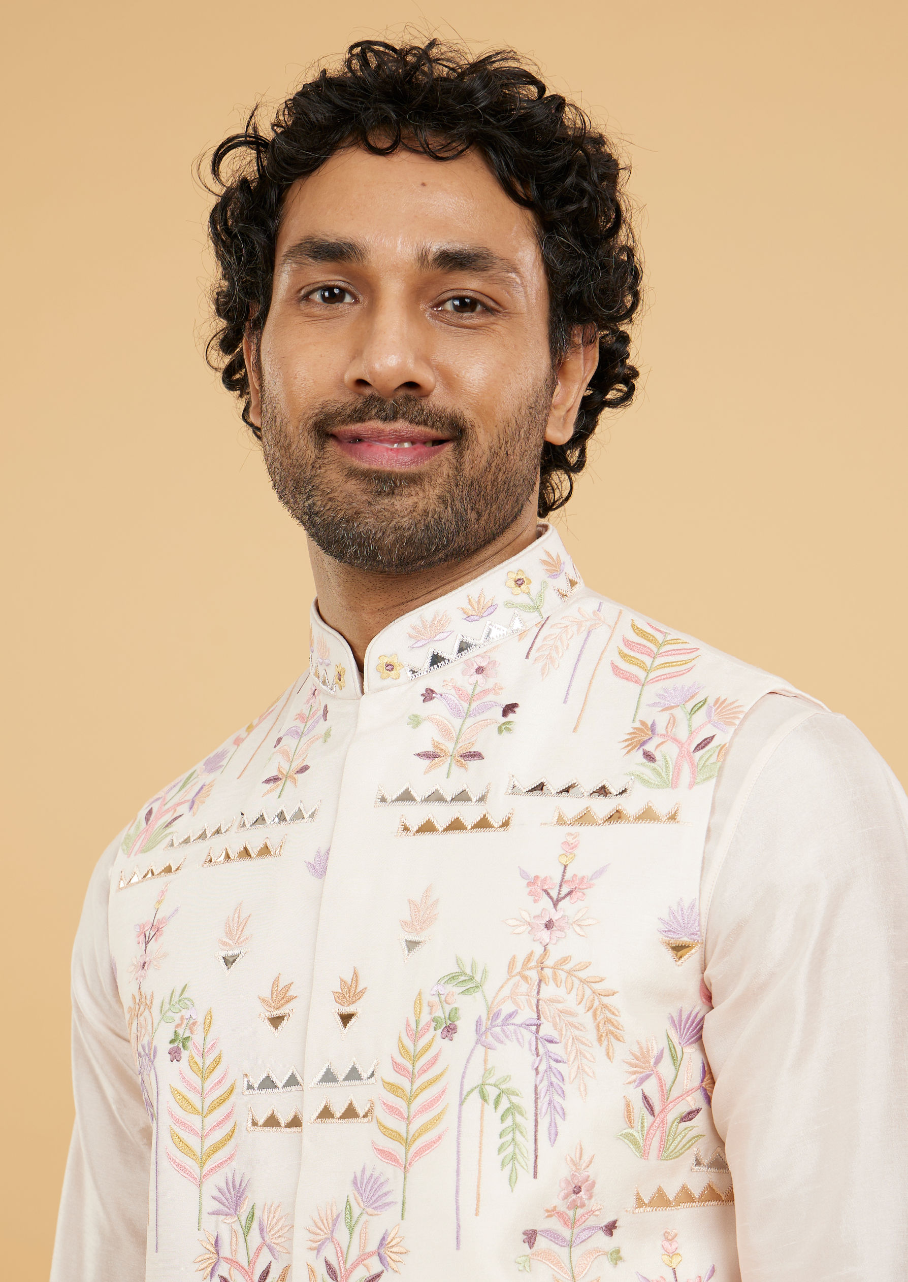 Twamev Men Baby Pink Leaf Patterned Jacket Set with Triangular Gota Patti Work