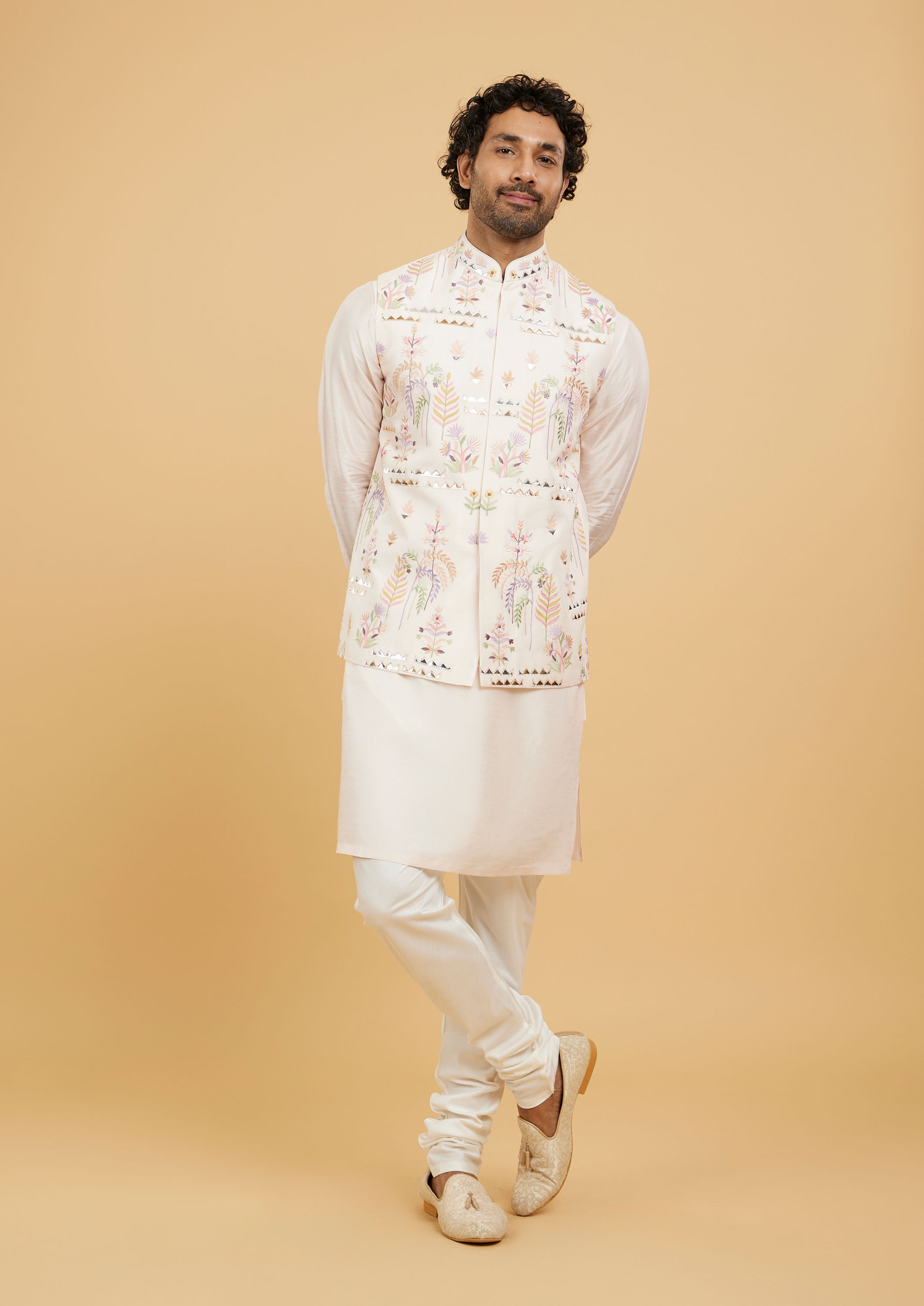 Twamev Men Baby Pink Leaf Patterned Jacket Set with Triangular Gota Patti Work