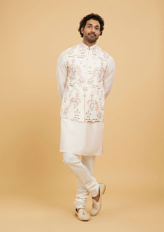 Twamev Men Baby Pink Leaf Patterned Jacket Set with Triangular Gota Patti Work
