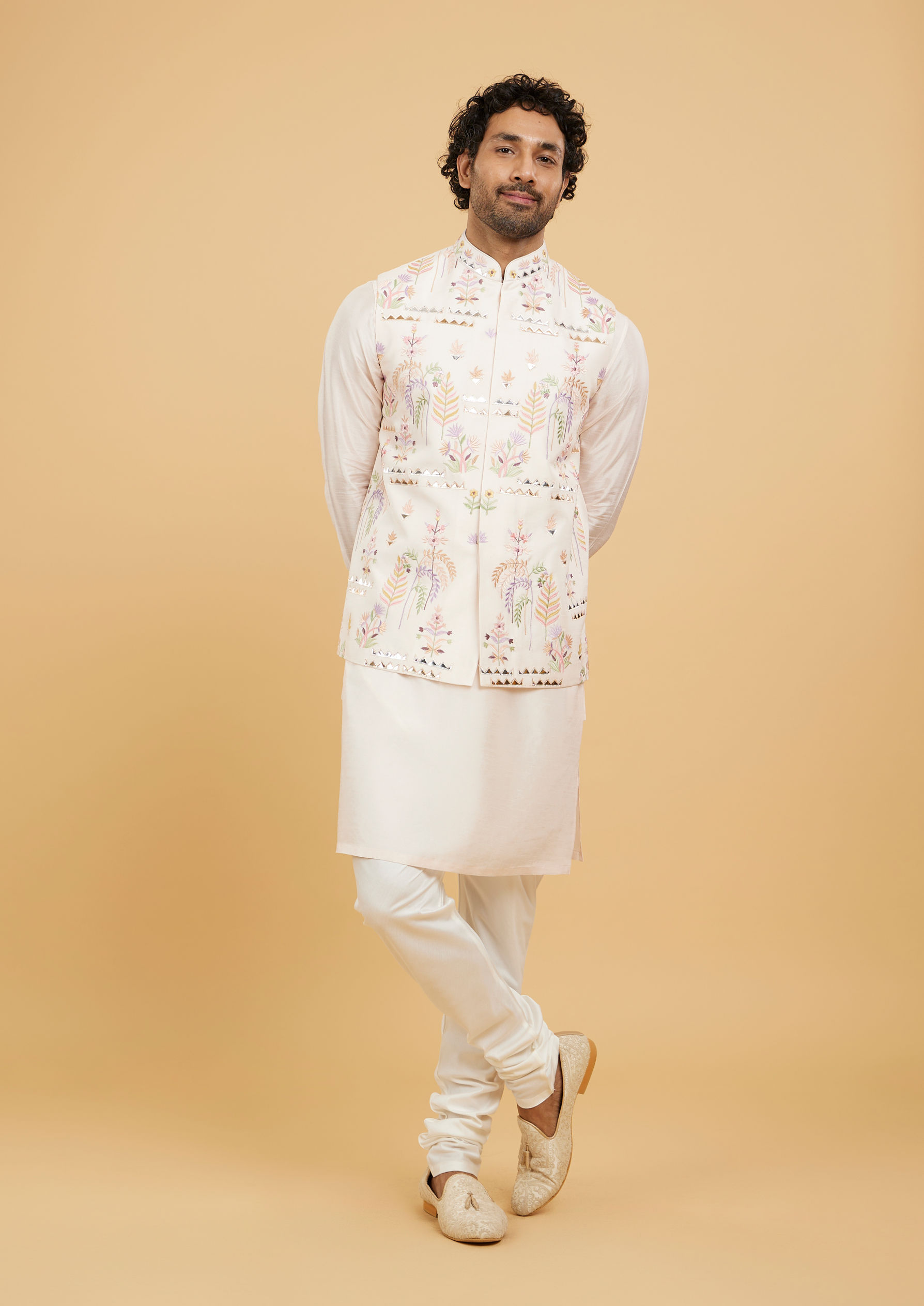 Twamev Men Baby Pink Leaf Patterned Jacket Set with Triangular Gota Patti Work