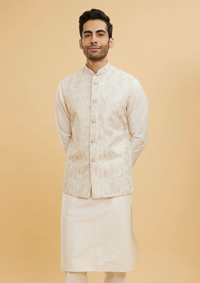 Twamev Men Ivory Cream Ogee Patterned Jacket Set