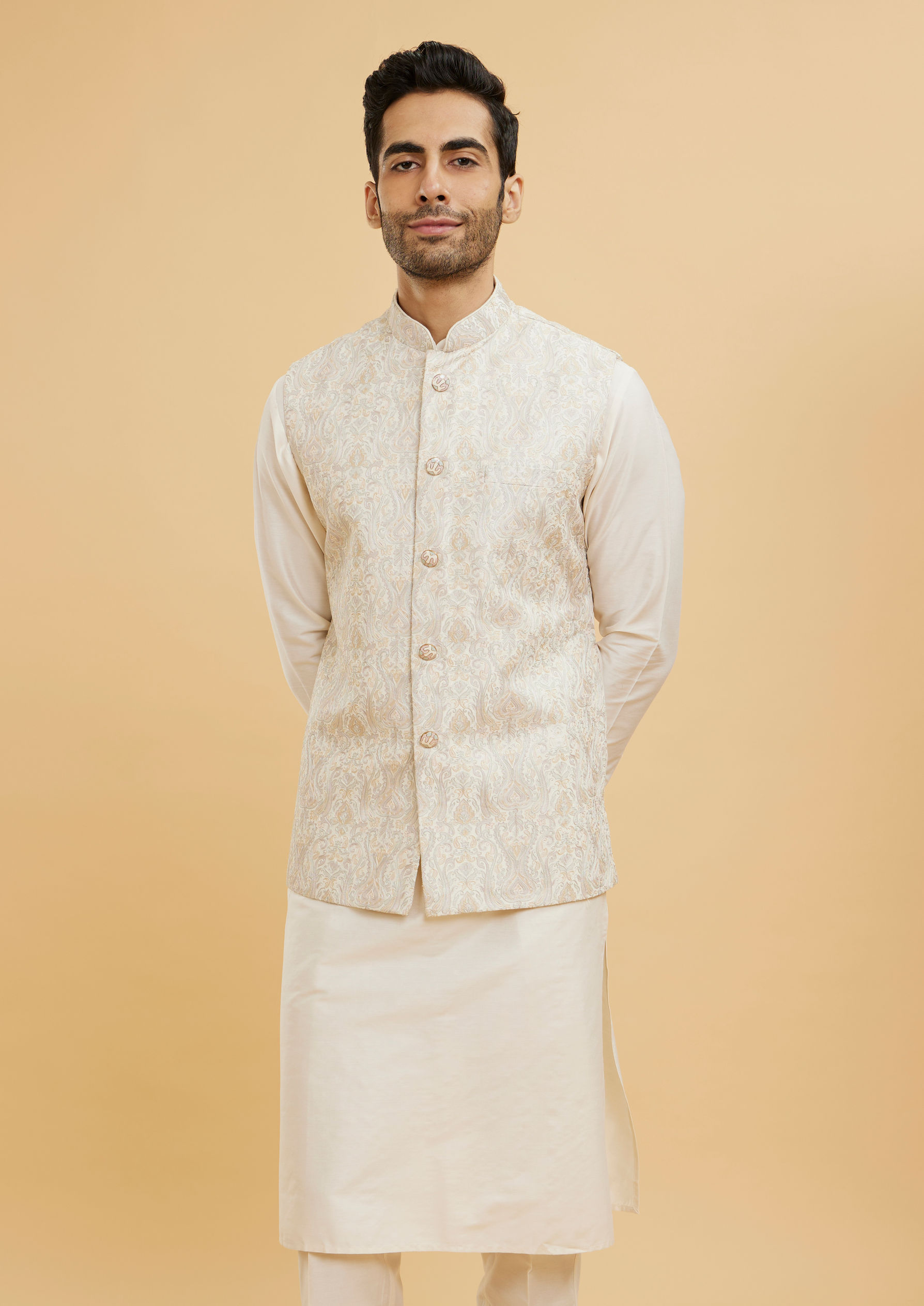 Twamev Men Ivory Cream Ogee Patterned Jacket Set
