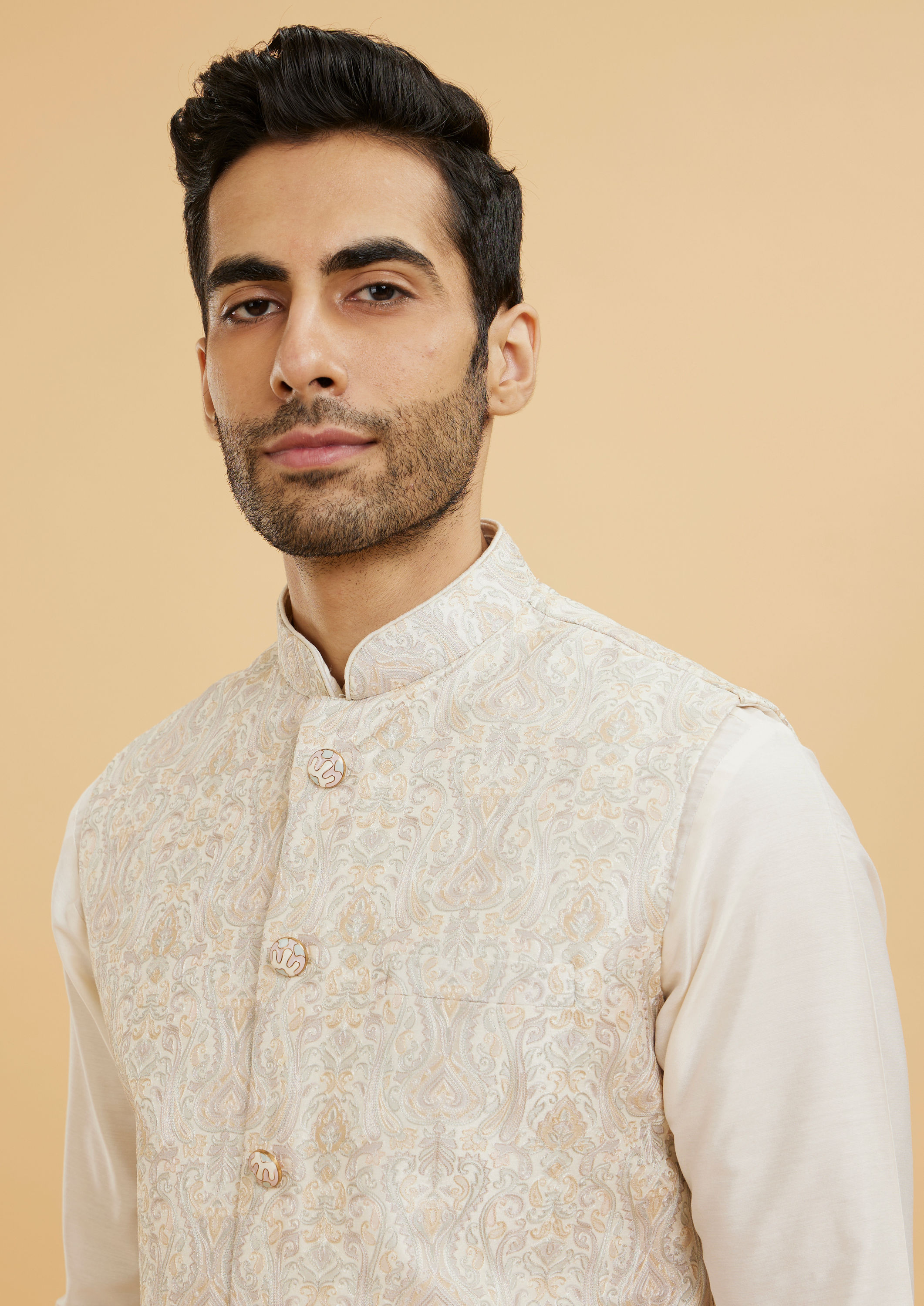 Twamev Men Ivory Cream Ogee Patterned Jacket Set