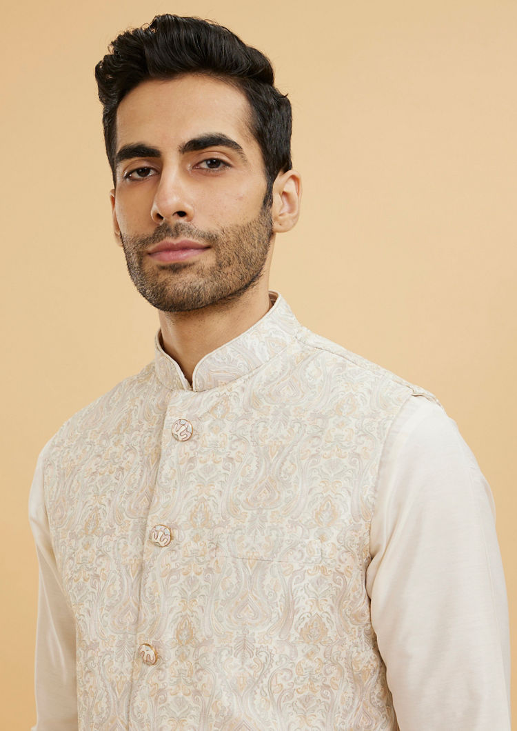 Twamev Men Ivory Cream Ogee Patterned Jacket Set