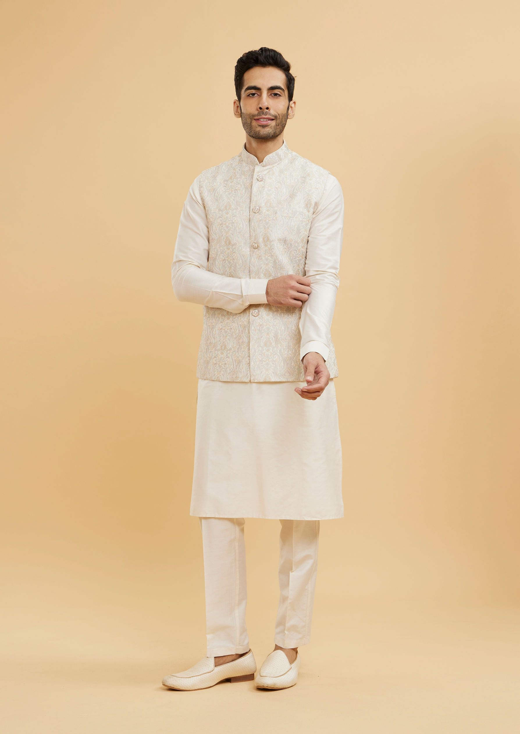 Twamev Men Ivory Cream Ogee Patterned Jacket Set
