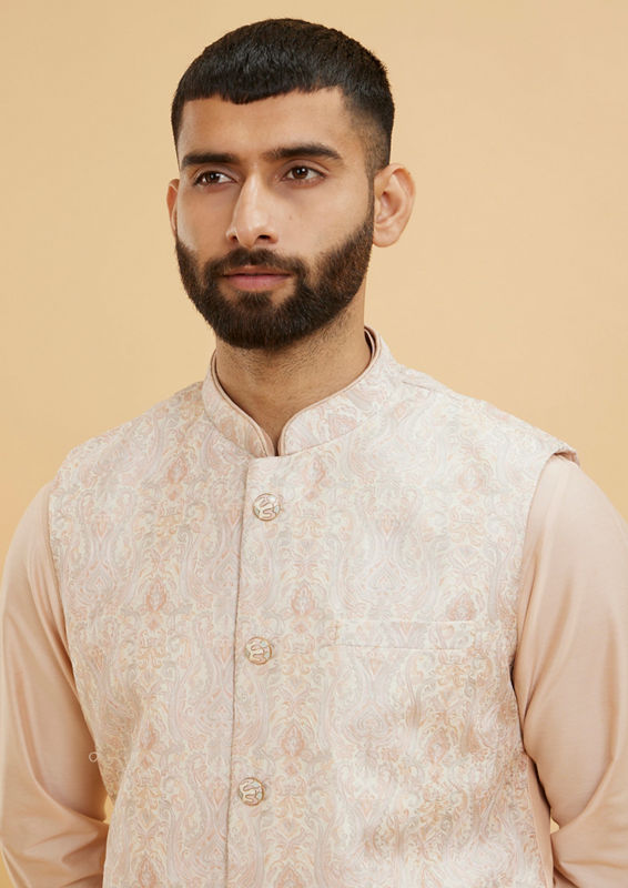 Twamev Men Pale Peach Ogee Patterned Jacket Set