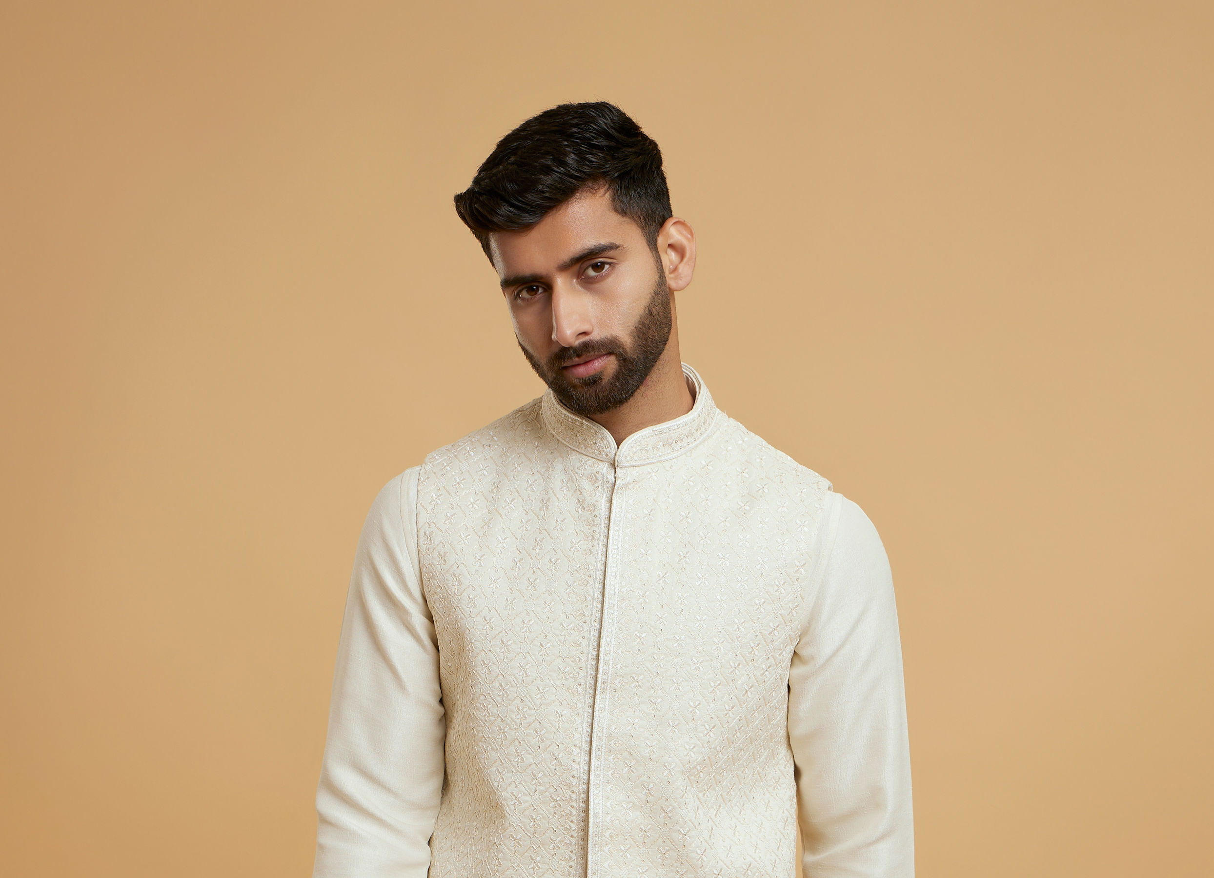 Twamev Men Cream Elegant Kurta Jacket Set