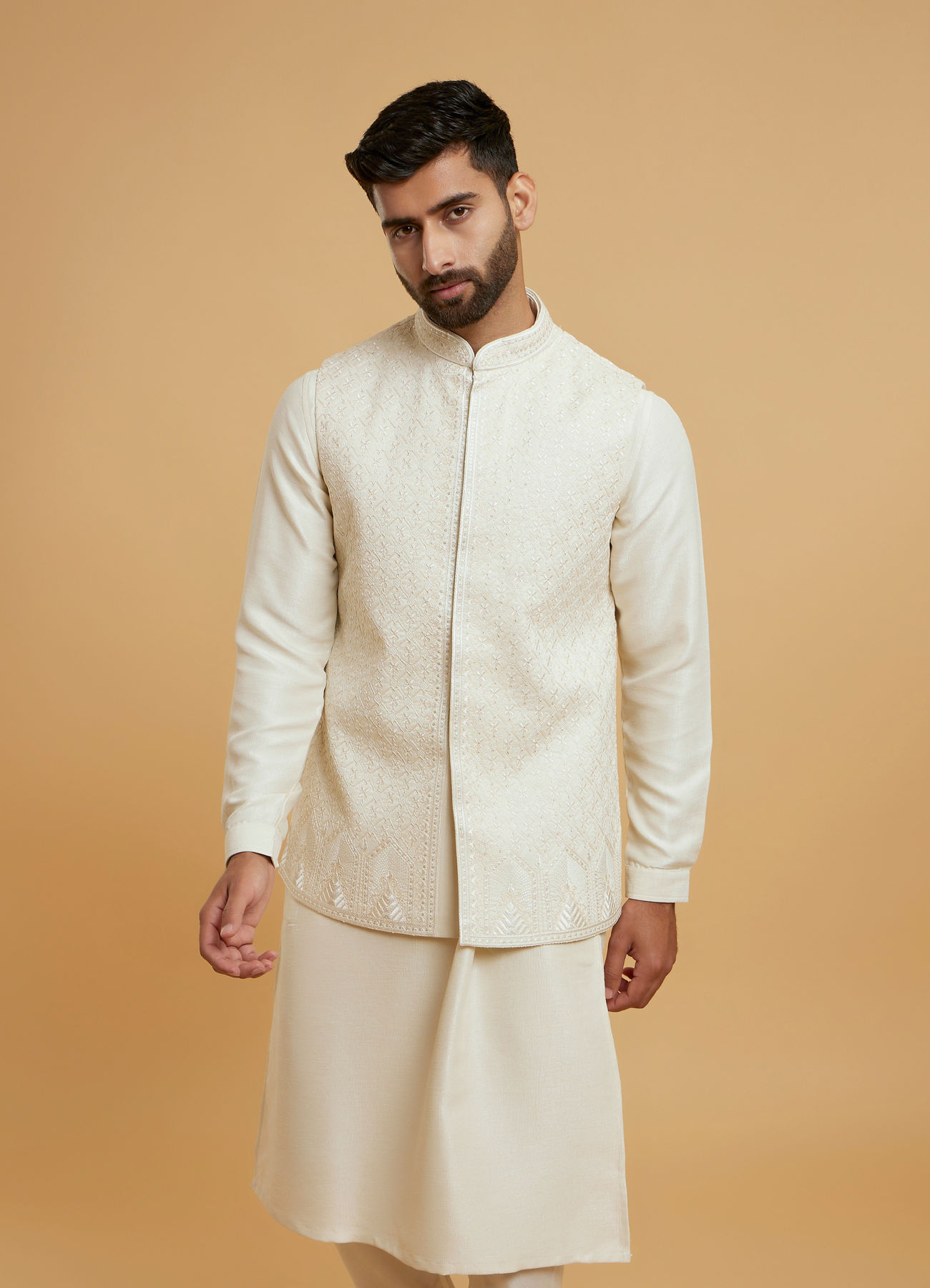 Twamev Men Cream Elegant Kurta Jacket Set