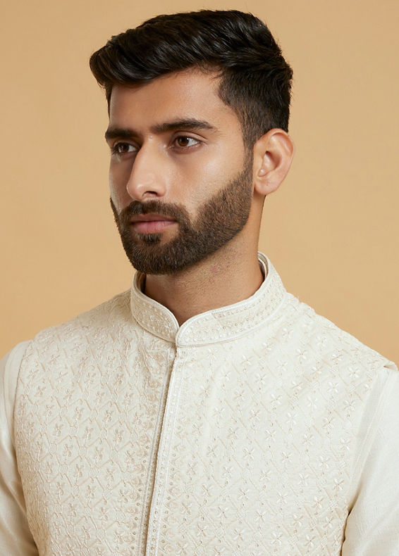 Twamev Men Cream Elegant Kurta Jacket Set
