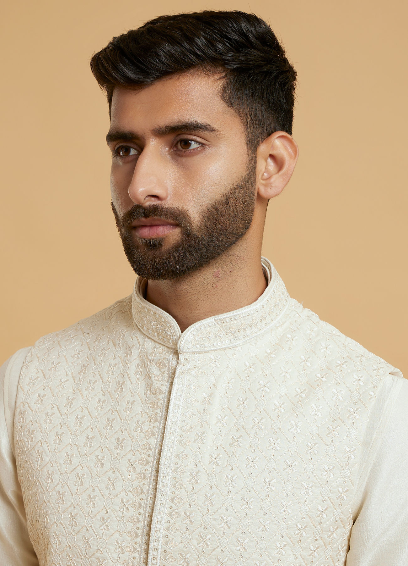 Twamev Men Cream Elegant Kurta Jacket Set