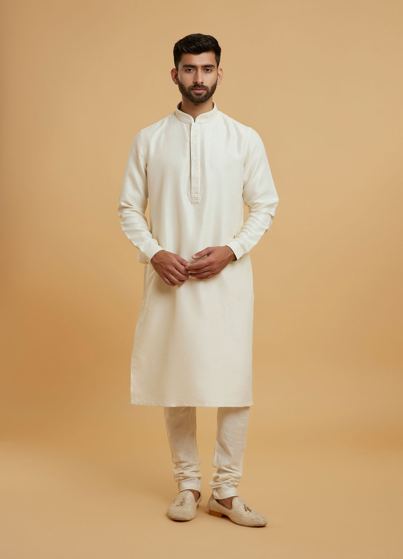 Twamev Men Cream Elegant Kurta Jacket Set