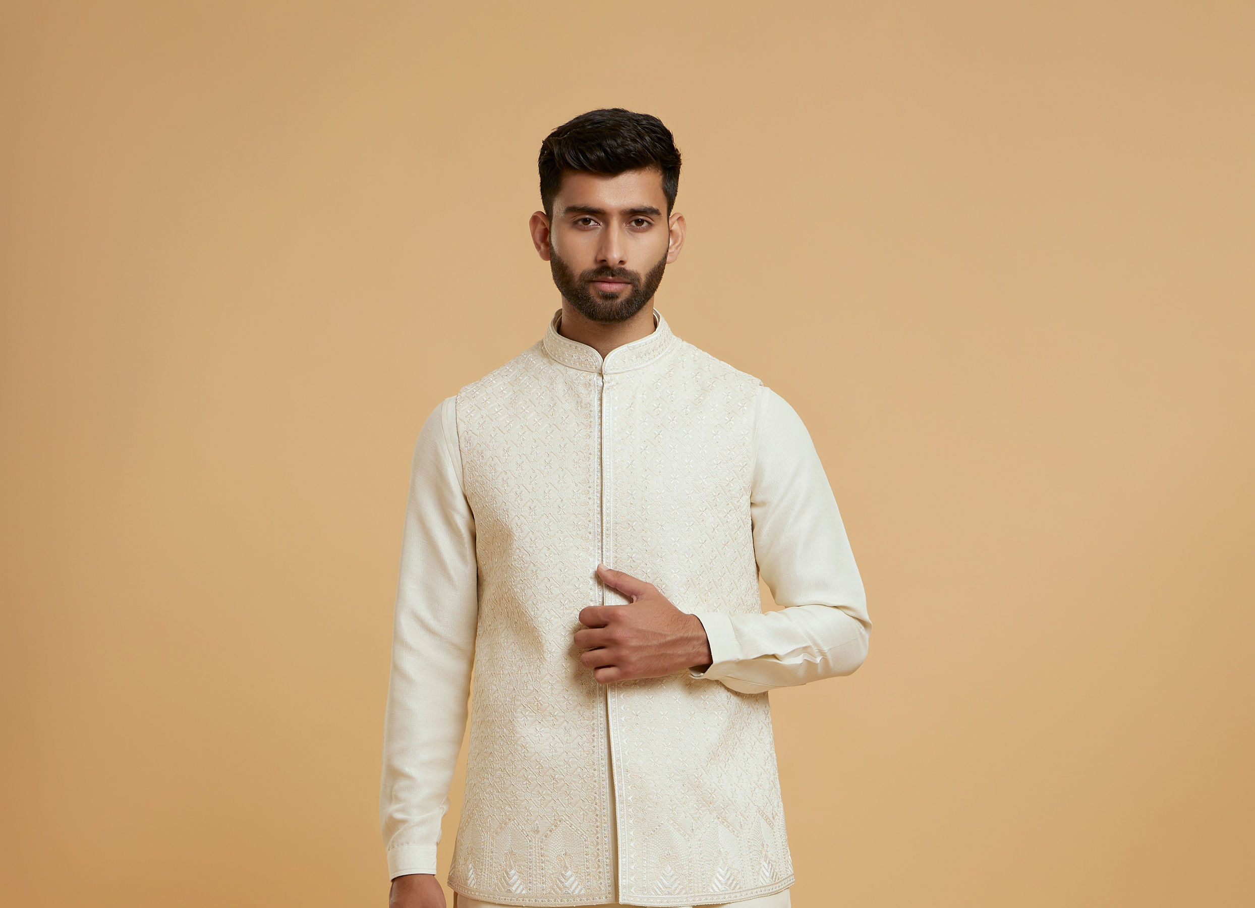 Twamev Men Cream Elegant Kurta Jacket Set